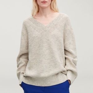 COS Oversize heather oatmeal cotton v-neck sweater